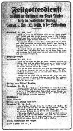 Gottesdienstordnung für die Einführung von Propst Dührkop in Wandsbek durch den DC-Landesbischof Adalbert Paulsen am 5. November 1933