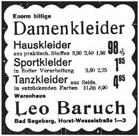 Anzeige von Kaufhaus Leo Baruch, Kirchstr. 1-3 (Juli 1933 bereits Horst- Wesselstr.)